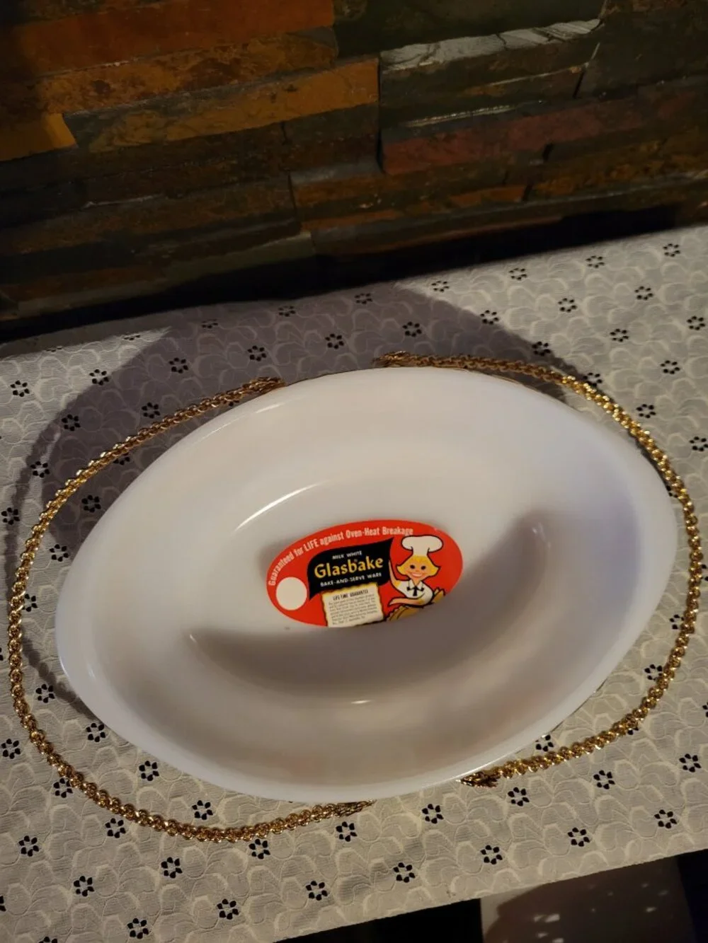 Vintage 1950s Glasbake Oval Casserole NOS with Original Sticker, Basket, Lid